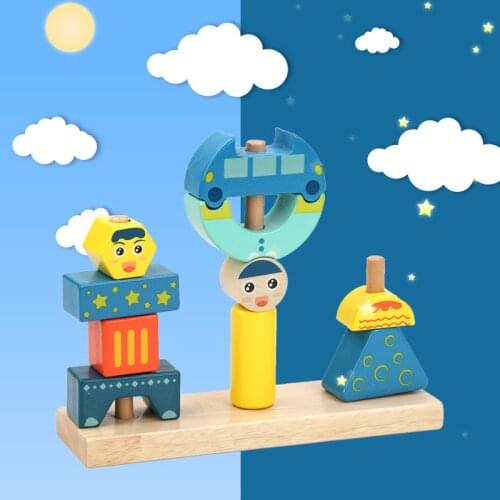 Sun & Moon Day & Night Tower Blocks Montessori Wooden Blocks Baby Toy Wood Building Block Game Educational Toys For Children