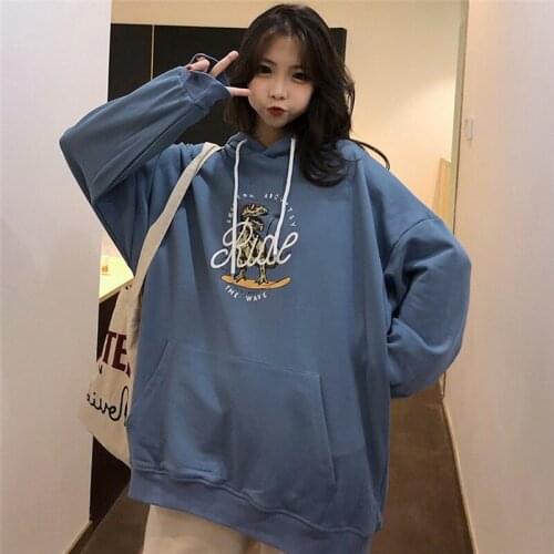 Spring Autumn Thin Casual Coat Hooded Long Pullovers Cartoon Jurassic Dinosaur Print Harajuku Hoodies Women Sweatshirts Blue