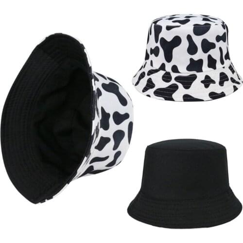 Japanese Unisex Summer Bucket Hat Black White Dairy Cow Print Personality Outdoor Sunscreen Reversible Fisherman Cap