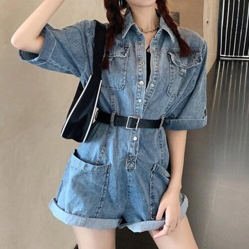 2021 Fashion Big Pockets Short Sleeve Summer Denim Playsuits Women Rompers For Women Jumpsuit High Waist Overalls 2021 With Belt