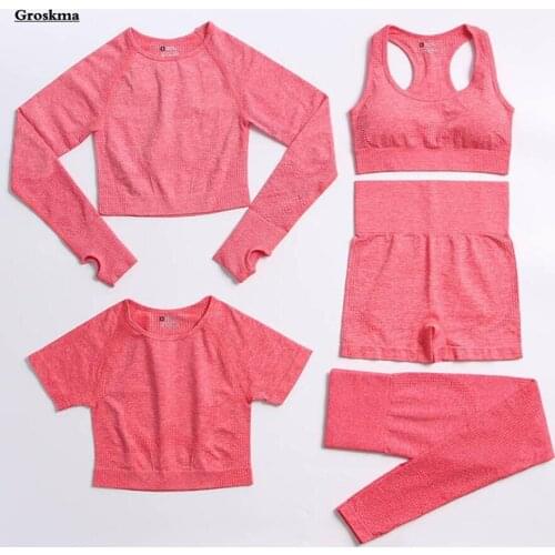 Quick Dry High Waist 5 Piece Set Women Yoga T Shirt Fitness Gym Seamless Suits Sports Running Shorts Leggings Chandal Mujer