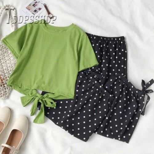 2019 Summer Women Sets Fruit Green T Shirt And Polka Dot Pants Female Sets