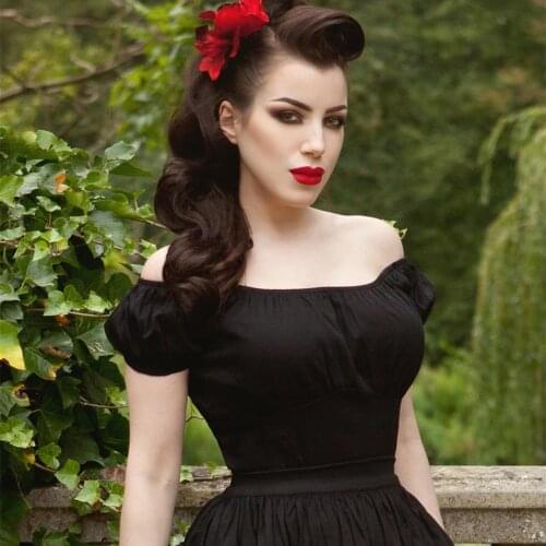 20- summer women vintage 50s off shoulder fitted peasant crop top in black plus size pinup t shirt retro cotton cropped tops