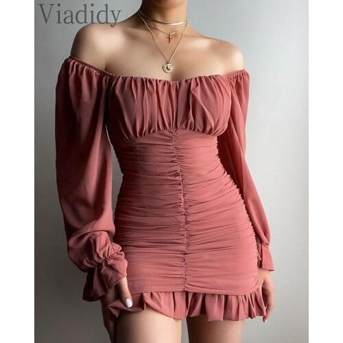 Women Solid Color Off Shoulder Pleated Bodycon Dress