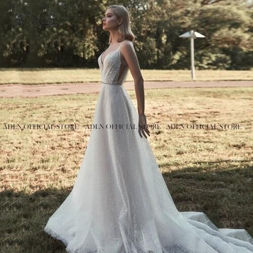 ADLN Glitter Boho Wedding Dresses Spaghetti Straps Beaded Bride Dress Sexy A Line Plus Size Wedding Gown Vestido de Novia