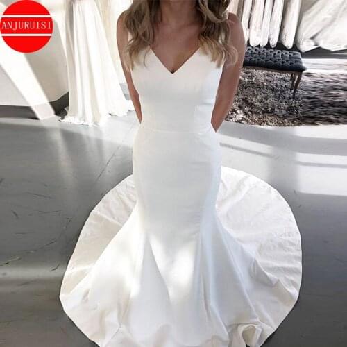 Sexy V-neck Simple Wedding Dresses Sleeveless White Ivory Satin Mermaid Vestidos De Noiva Backless Bridal Gown 2020 With Pockets