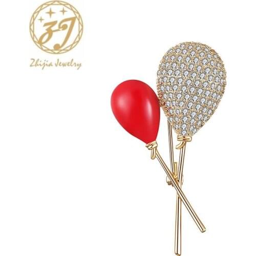 Zhijia cute style shiny gold/silver color rhinestone crystal balloon pins brooches for women party jewelry accessories