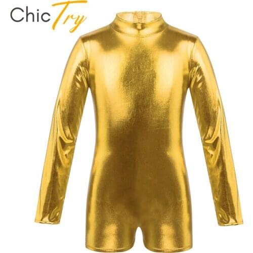 ChicTry Kids Girls Shiny Metallic Zipper Back Long Sleeves Gym Unitards Children Ballet Gymnastics Leotard Stage Dance Costume