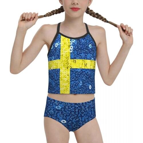 2021 country Swimsuit for junior high school Girls Print Swedish Flag Blue And Yellow Sequin Glitter Look Biquini for Children