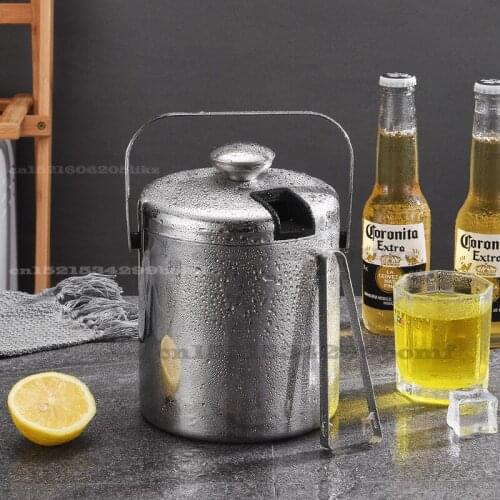 Double-layer 304 Stainless Steel Ice Bucket 1.3L Portable Bar KTV Restaurant Beer Wine Bucket Effective Cold Insulation