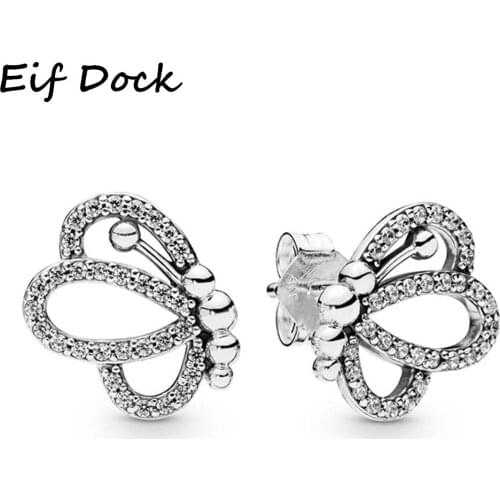 Eif Dock Silver Color Sparkling Openwork Butterfly Stud Earrings For Women DIY Jewelry Anniversary Earring Party Gift
