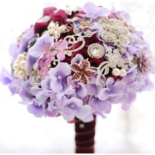 Elegant purple Hydrangea brooch bouquet Bridal Bride Bridesmaid Bouquets handmade crystal Holding Flowers Wedding Party DIY