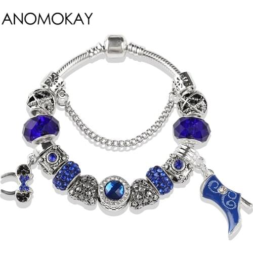 European Dark Blue Crystal Minnie Boots Heart Bead Bracelet Women Silver Color Diy Bracelets for Charms Gift Pulseras