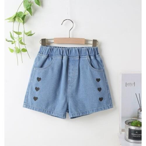 FOCUSNORM 4-13Y Summer Causal Kids Girls Denim Shorts LOVE Heart Printed Elastic High Waist Trousers