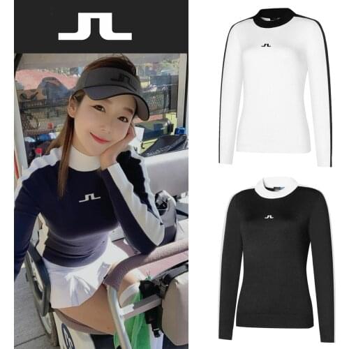JL Womens Golf Long-Sleeved Shirt Knitting Crew Neck Sweater Black/White Color Contrast Knitwear Lady Golf Sports Clohting