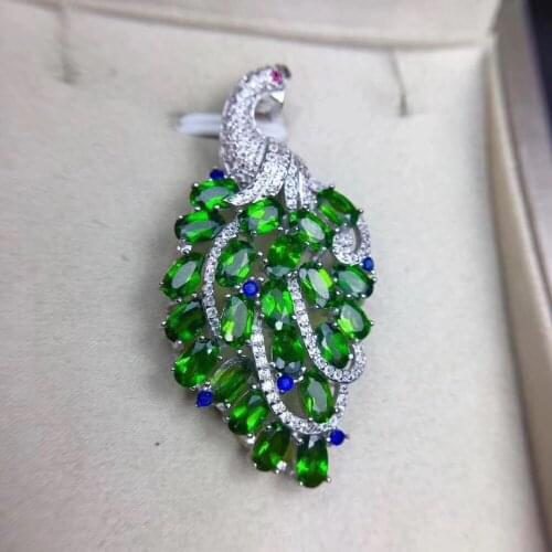 Natural green diopside gem Elegant Luxurious Peacock Pendant natural gemstone pendant S925 silver women girl party gift jewelry
