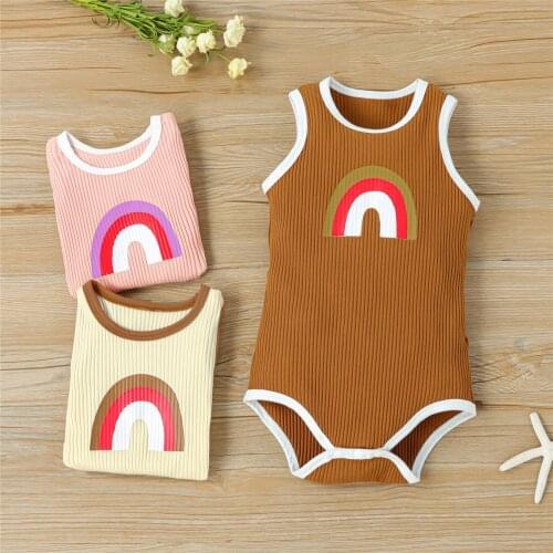 Newborn Baby Fashion Rainbow Print Ribbed Bodysuit Stylish Sleeveless One-piece Jumpsuit for Kids Boys Girls