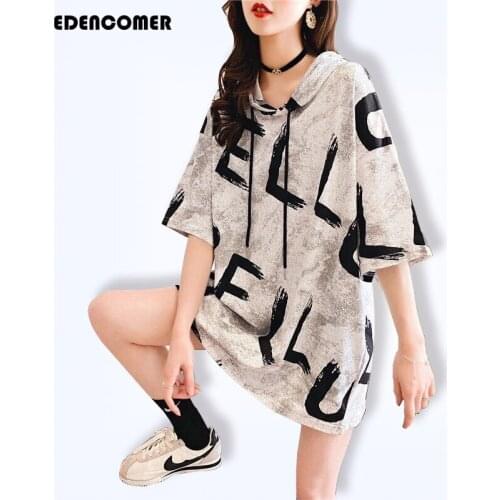 Autumn and Summer Sweatshirts Womens Mid-length Short-sleeved Womens Clothing 2021 New Korean Loose Hooded Printing Hoodies