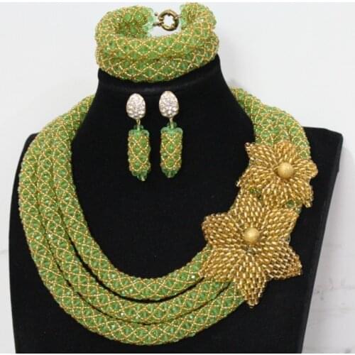 Dudo Apple Green And Gold Beaded Flowers Necklace Set Big African Costume Jewelry Set For Women 3 Layers Fashion