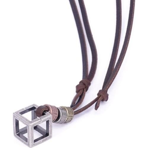 Retro Male Necklace 100% Genuine Leather rope Necklace Punk Vintage Collar Jewelry Hollow Cube Box Pendant Necklace For Men