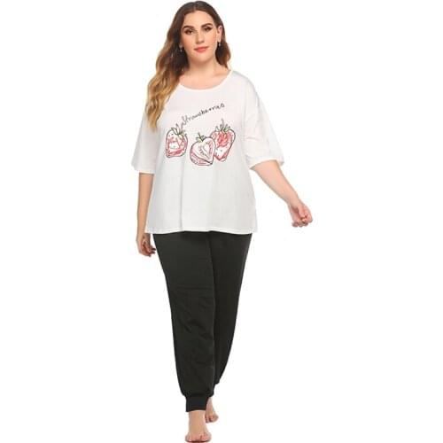 Large Size Pajama Sets Printed Casual Short Sleeve Trousers Sleepwear Suit Home Plus Size Loose White Top + Black Pants