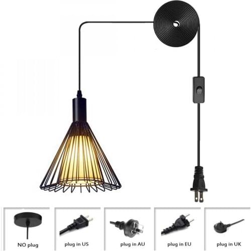 Pendant Lighting Plug In Cord, Industrial Hanging Light Fixture, Retro Black Metal Cage Pendant Light, Ceiling Lamp