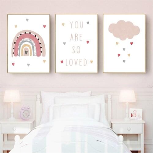 Pink Rainbow Canvas Art Print Nursery Children Poster Cloud Wall Art Painting Cartoon Nordic Wall Pictures Baby Girls Room Decor