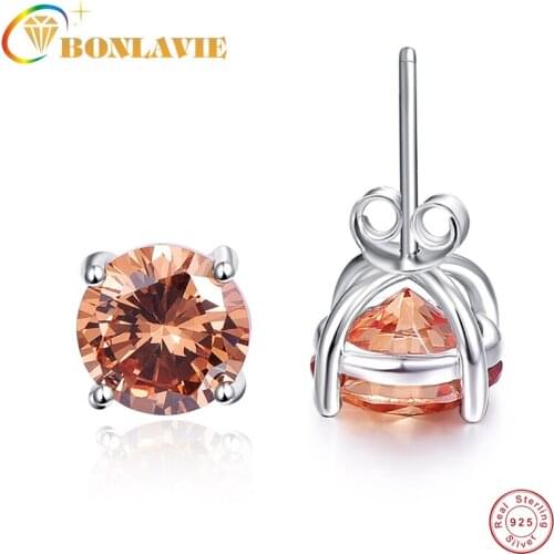 BONLAVIE 925 Sterling Silver Four-Claw Orange Stud Earrings Women Fashion Stud Earrings Wedding Fine Jewelry