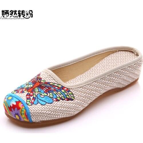 Vintage Women Slippers Summer Butterfly Fashion Chinese Old Peking Casual Flower Shoes Woman Sandals Plus Size 41