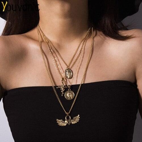 Youvanic Gothic Cross Coin Wing Heart Pendant Necklace For Women Layered Long Chain Statement Choker Collar Fashion Jewelry 2590