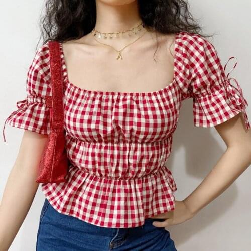 Retro French Square Neck Red Plaid Short Sleeve Shirt Womens Slim Shirt with Gathered Waist and Ruffle