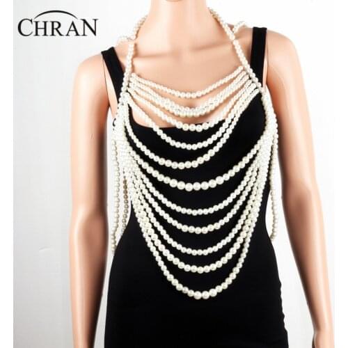 Chran Multi Layer Fashion Women Full Body Faux Pearl Statement Necklace Chain Slave Necklace Beach Chain Halter Jewelry BDC820