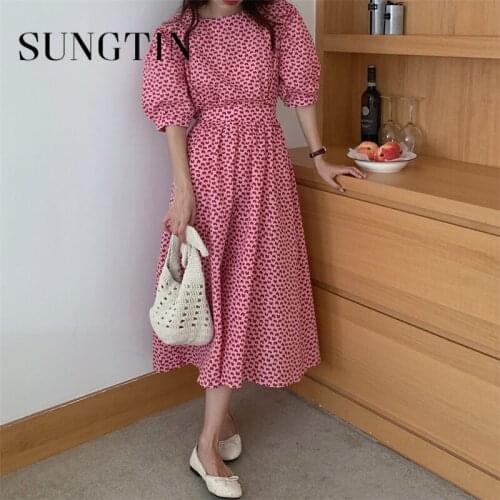 Sungtin Korean Fashion Print Maxi Dresses Women Summer Casual Sweet Design Backless Dress Vintage A Line O Neck Empire Vestidos