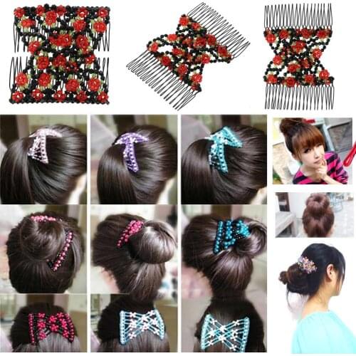 1Pcs Vintage Flower Bead Stretchy Hair Combs Double Slide Metal Comb Elasticity Clip Hairpins for Women Headband