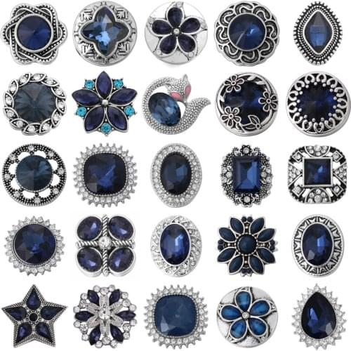 6pcs/lot Ink Blue Snap Jewelry Rhinestone Flower 18mm Snap Buttons Jewelry Fit 18mm 18mm Leather Snap Button Bracelet