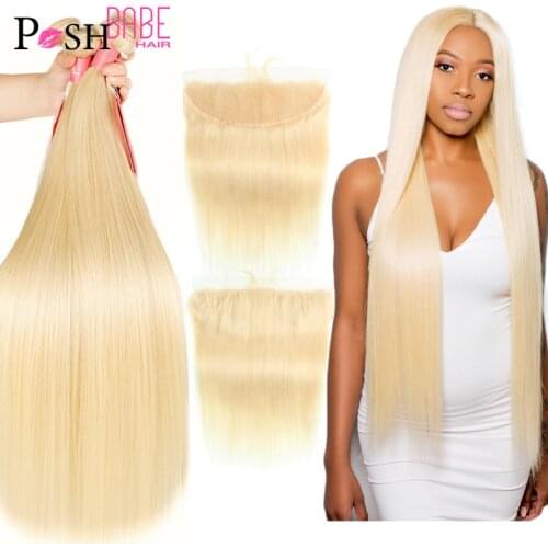 613 Bundle with Frontal Honey Blonde Colored 13x4 Lace Frontal with Straight Human Hair Extensions 2 3 4 Brazilian Hair Bundles