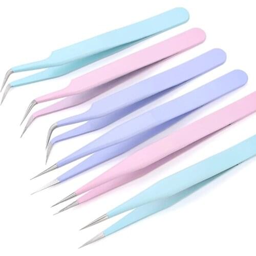 Anti-static Precision Elbow Straight Tweezers Stainless Steel Tweezers Eyelash Extension Eyebrow Tweezers Makeup Tool 2pcs/set