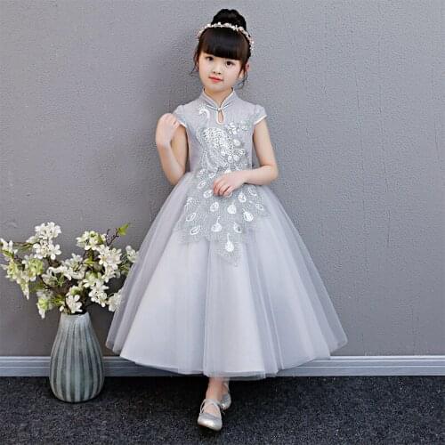 Children Girls Dresses Elegant Wedding Peacock Eembroidery Dress With Belt Princess Party Pageant Formal Evening Gown Vestido