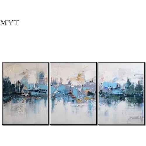 Home Decor Abstract blue thick Three-pictures Combination Oil Painting On Canvas Handmade Wall Art For living Room Unframed