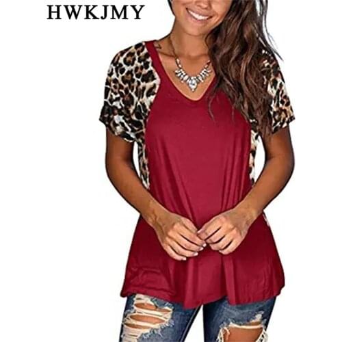 Summer Women Fashion Casual Leopard Off Shoulder Short Sleeved Tops V-neck Tees Ladies Cotton T-shirt Loose Plus Size Shirts