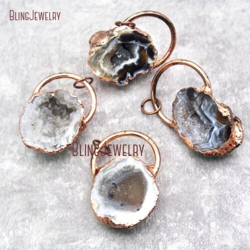 Geode Half Druzy Crystal Pendant Agates Geode Druzy Pendant Dark Rose Gold Dipped Fancy Hoop Pendant PM21698