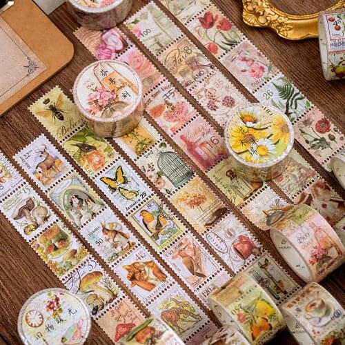 Journamm 8 Designs Retro Post Office Plant Bullet Journaling Stamp Tapes Scrapbooking Deco Sticker Masking Tapes Stationery Tape
