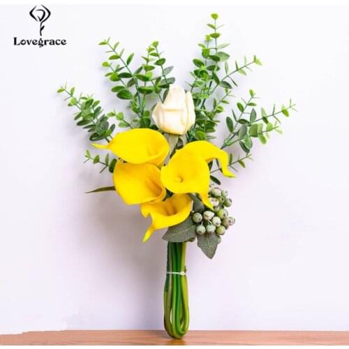 Lovegrace Bride Wedding Bouquet Artificial Silk Rose Calla Lily Flower Eucalyptus Leaf Berry Decor Bridesmaid Wedding Bouquet