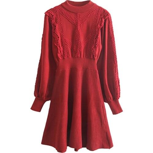 PERHAPS U Winter Autumn Long Sleeves Red Black Short Mini Dress Knitted Lace Elegant Chic D2132