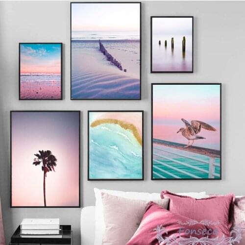 Fashion Pink Beach Sky Scenery Poster On The Wall Girls Room Decor Palm Tree Sea Bird Stump Canvas Painting Nordic Pictures