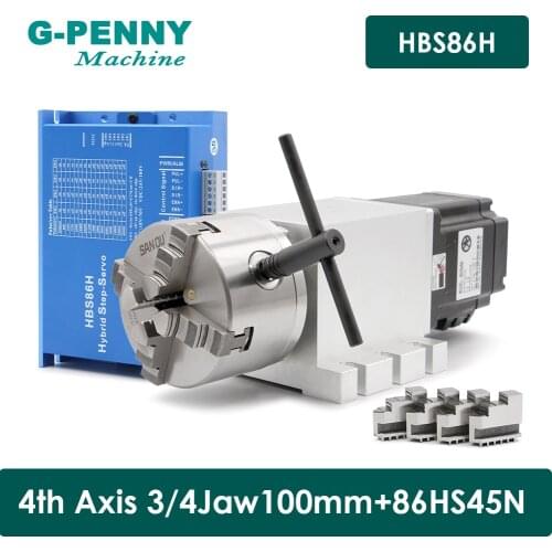 NEW !! 4th Axis 3/4Jaw 100mm CNC dividing head/Rotation Axis/A axis NEMA34 86HS45N 4.5N.m & HBS86H Closed loop stepper motor kit
