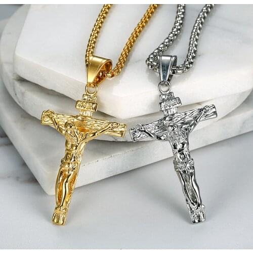 Religious Jesus Christ Cross Pendant Necklace for Women/Men Gold Color Stainless Steel Crucifix Necklaces Men Christian Jewelry