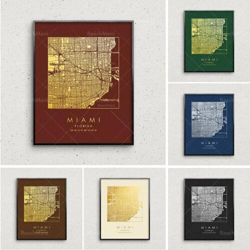 Miami city map printing, gold and silver Miami square map, Miami wall decoration, Miami street map, personalized map art gift