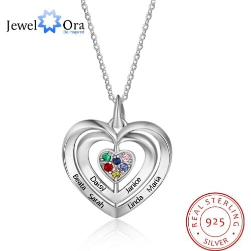 Personalized 925 Sterling Silver Mothers Necklace with 6 Birthstones Fine Jewelry Custom Name Heart Pendant Gift for Grandmother