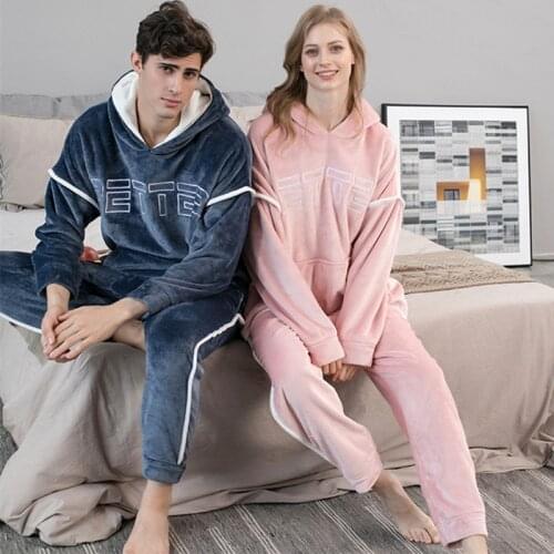 Pijama Feminino New Flannel Thicken Couple Sleepwear Set Hooded Letter Coral Fleece Pajamas Women Fashion Velvet Home Clothes